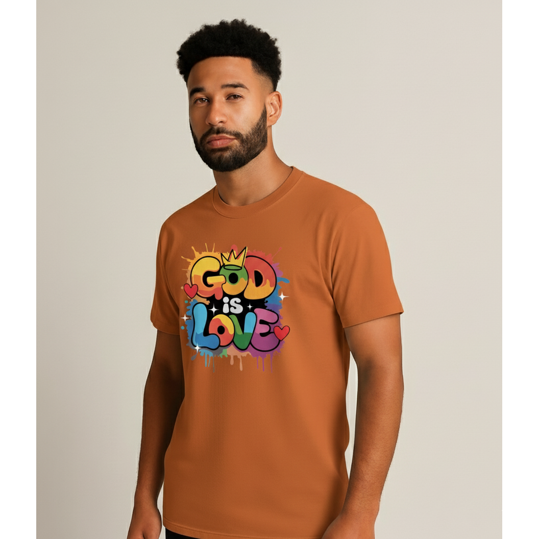 Man wearing a burnt orange t-shirt with 'God is Love' colorful design on a plain background.