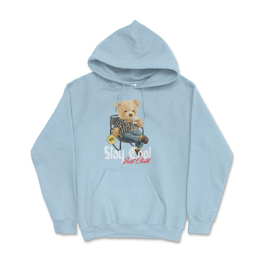 Front view - Graphic ocean blue cotton hoodie, versatile wardrobe essential for streetwear or layering. Classic hoodie in ocean blue, ideal for everyday comfort and style. Unique pullover with teddy bear.