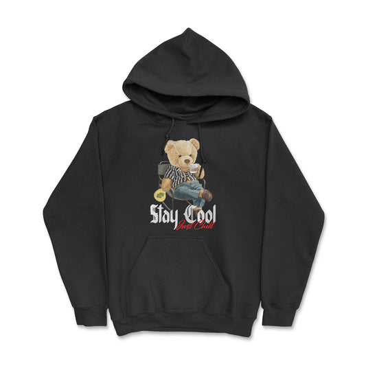 Front view - Graphic black cotton hoodie, versatile wardrobe essential for streetwear or layering. Classic hoodie in black, ideal for everyday comfort and style. Unique pullover with teddy bear.