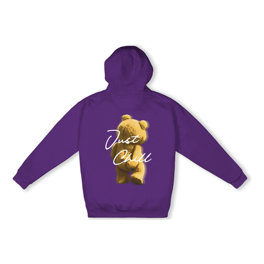 Back view - Graphic purple cotton hoodie, versatile wardrobe essential for streetwear or layering. Classic fleece hoodie in purple, ideal for everyday comfort and style. Unique pullover with white letters.