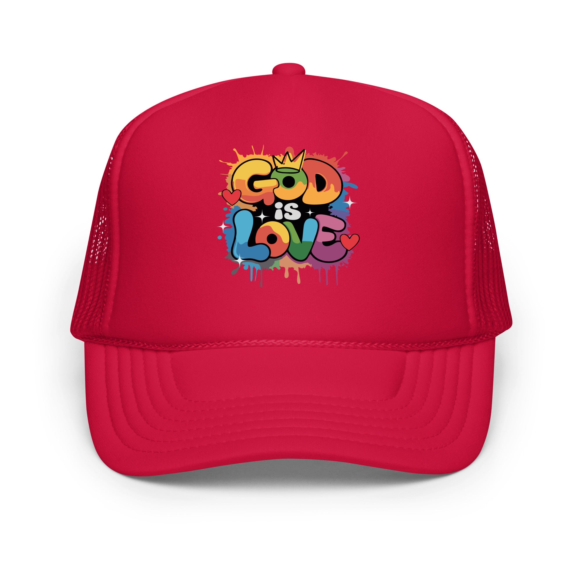 Red "GOD IS LOVE" trucker hat, featuring breathable mesh and a bold faith-based design, perfect for casual wear and spiritual expression.