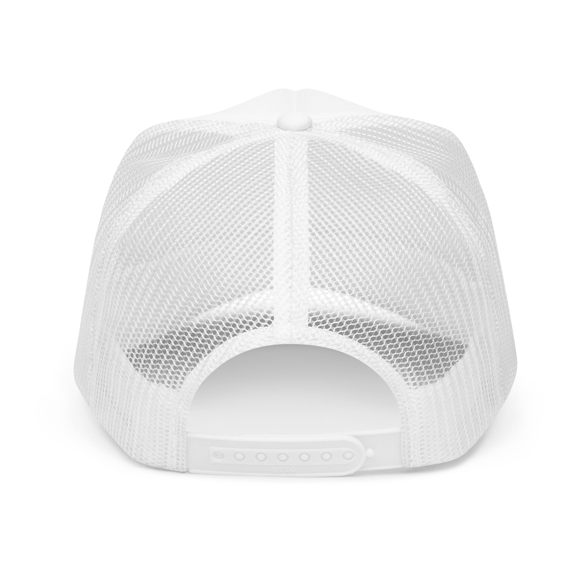 White "GOD IS LOVE" trucker hat, featuring breathable mesh and a bold faith-based design, perfect for casual wear and spiritual expression.