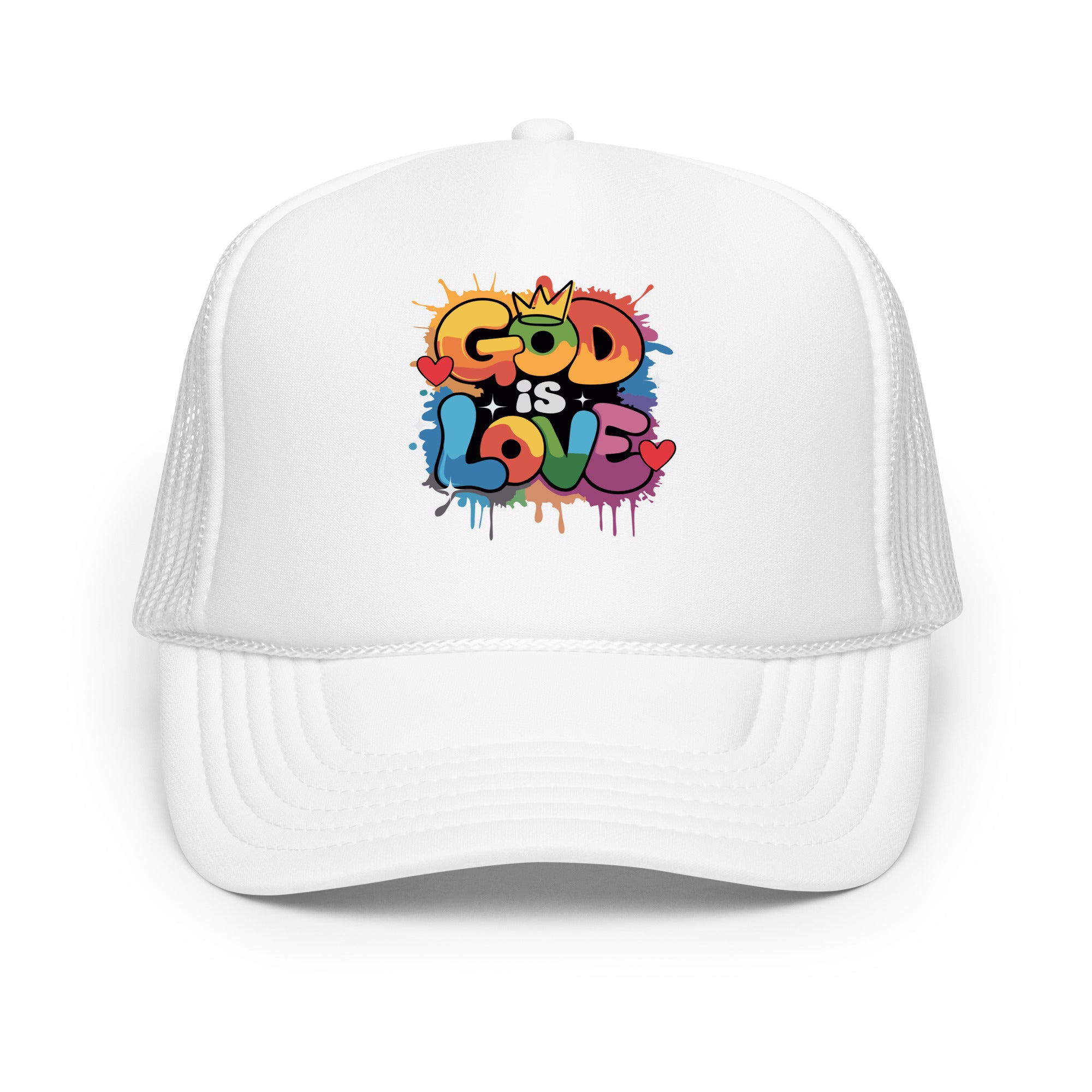 White "GOD IS LOVE" trucker hat, featuring breathable mesh and a bold faith-based design, perfect for casual wear and spiritual expression.