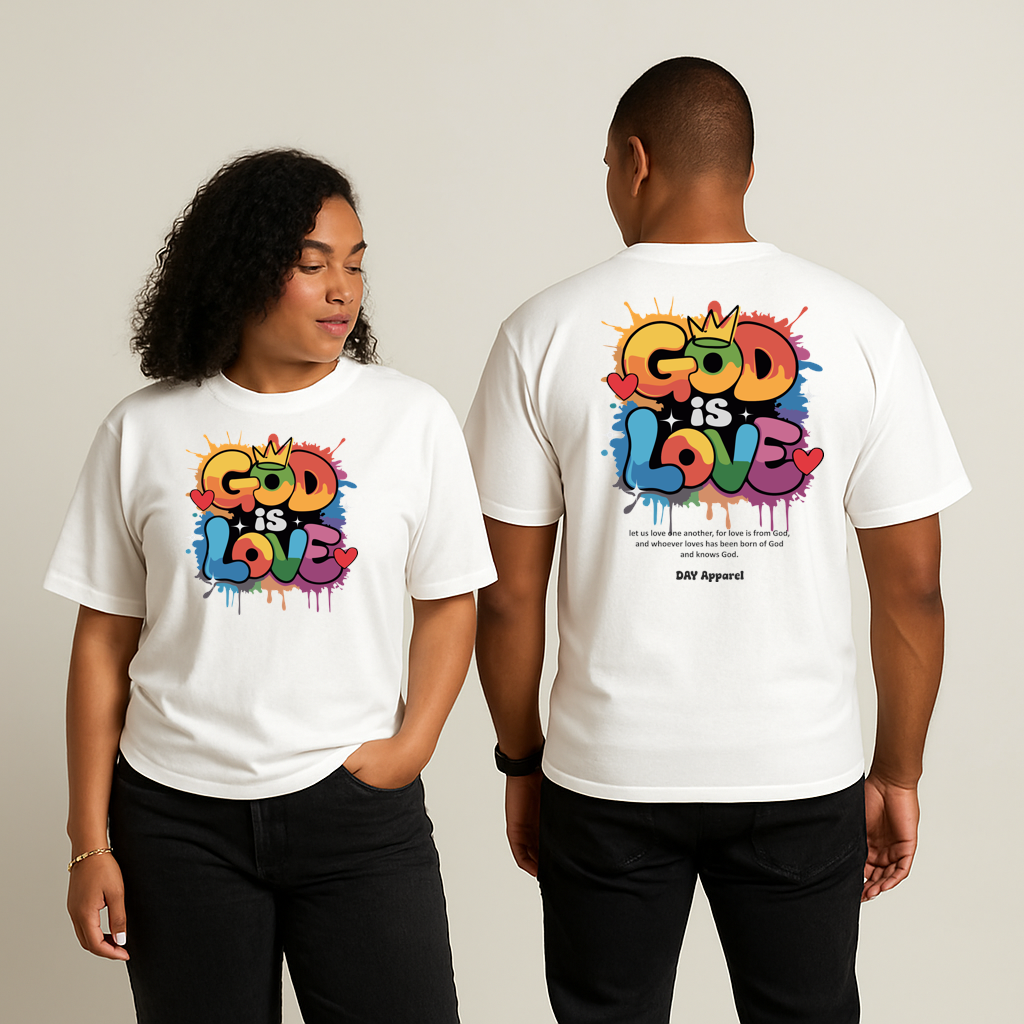 White "GOD IS LOVE" t-shirt, showcasing a minimalist spiritual message with a sleek look, ideal for casual outfits and everyday inspiration.