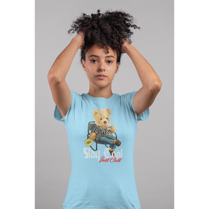 Front view - Graphic ocean blue cotton t-shirt, versatile wardrobe essential for streetwear or layering. Classic short-sleeve tee in ocean blue, ideal for everyday comfort and style.