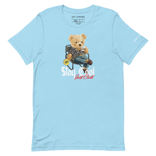 Front view - Graphic ocean blue cotton t-shirt, versatile wardrobe essential for streetwear or layering. Classic short-sleeve tee in ocean blue, ideal for everyday comfort and style.