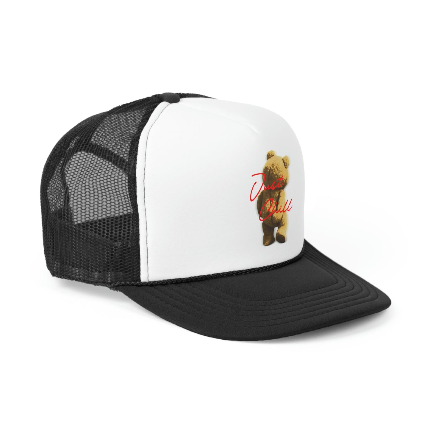 Side view - Vintage-inspired trucker hat in black, featuring a mesh back and snapback closure. Retro design with a curved brim, perfect for a casual and stylish addition to your accessories.