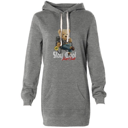 Graphic nickel cotton dress hoodie, versatile wardrobe essential for streetwear or layering. Classic hoodie in nickel, ideal for everyday comfort and style. Unique pullover dress with teddy bear.