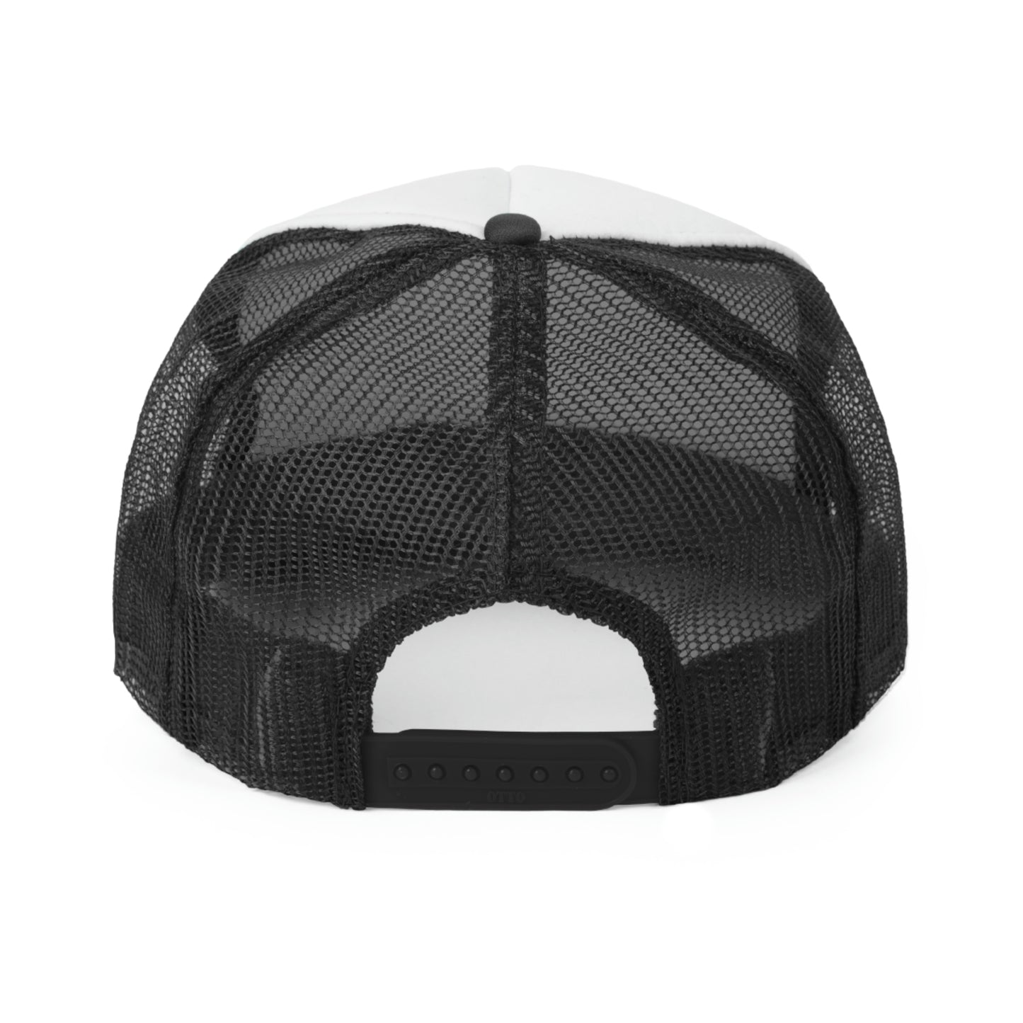 Back view - Vintage-inspired trucker hat in black, featuring a mesh back and snapback closure. Retro design with a curved brim, perfect for a casual and stylish addition to your accessories.