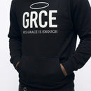 Black hoodie with 'GRCE' and 'His Grace is Enough' text on a white background