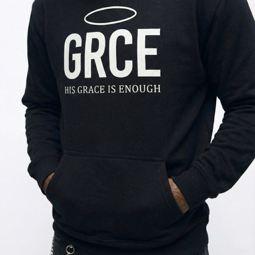 Black hoodie with 'GRCE' and 'His Grace is Enough' text on a white background