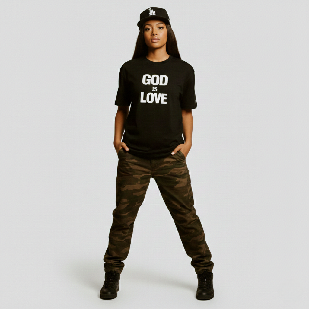 Person wearing a black t-shirt with 'GOD IS LOVE' text, camouflage pants, and a cap on a light gray background