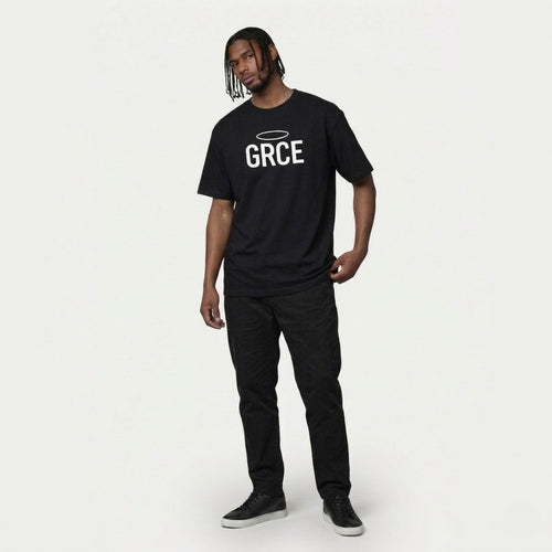 Person wearing a black t-shirt with 'GRCE' text on a white background