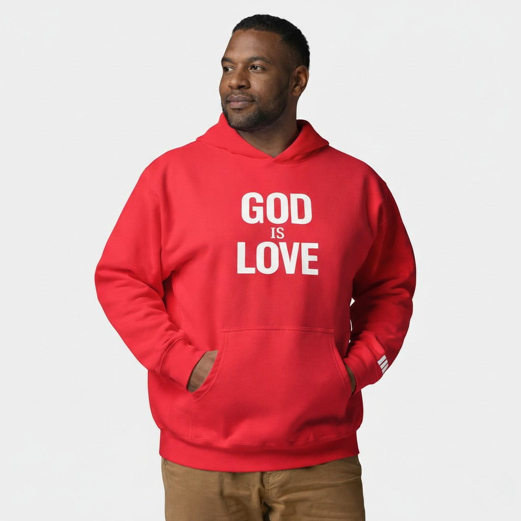 Man wearing a red hoodie with 'GOD IS LOVE' text on a white background