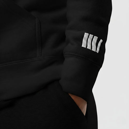 Black jacket with a white logo on the sleeve against a light gray background