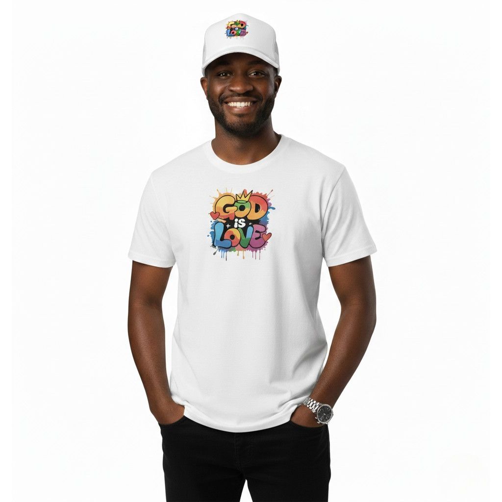 Man wearing a white t-shirt with colorful 'God Love' design and a white cap.