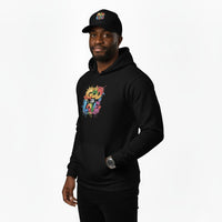 Man wearing a black hoodie with colorful graphics and text, standing against a white background