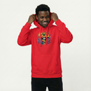 Person wearing a red hoodie with colorful graphics on a white background