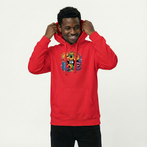 Person wearing a red hoodie with colorful graphics on a white background
