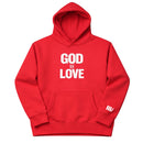 Red hoodie with 'GOD IS LOVE' text on the front against a white background