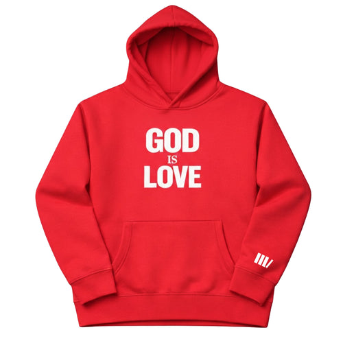 Red hoodie with 'GOD IS LOVE' text on the front against a white background