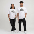 Two people wearing white t-shirts with 'GRCE' logo on a plain background