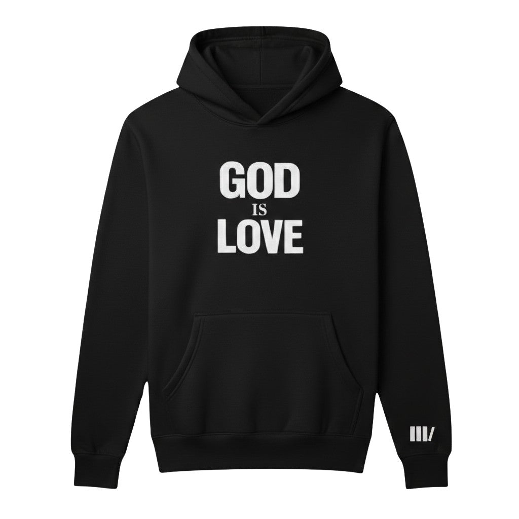 Black hoodie with 'GOD IS LOVE' text on the front against a white background