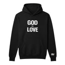 Black hoodie with 'GOD IS LOVE' text on the front against a white background