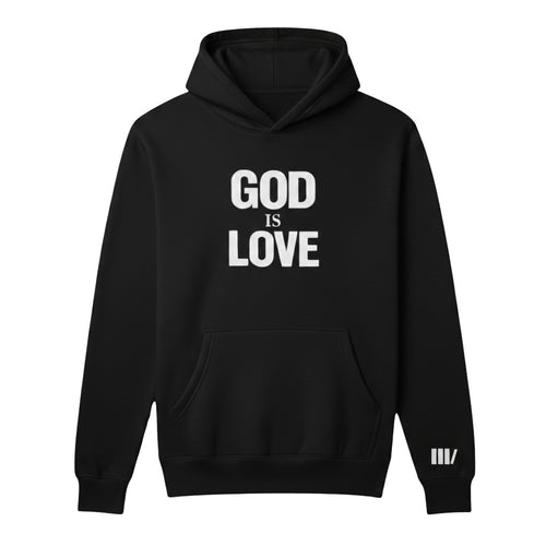 Black hoodie with 'GOD IS LOVE' text on the front against a white background