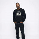 Black hoodie with 'GRCE' and 'His Grace is Enough' text on a white background