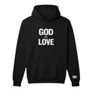 Black hoodie with 'GOD IS LOVE' text on a white background