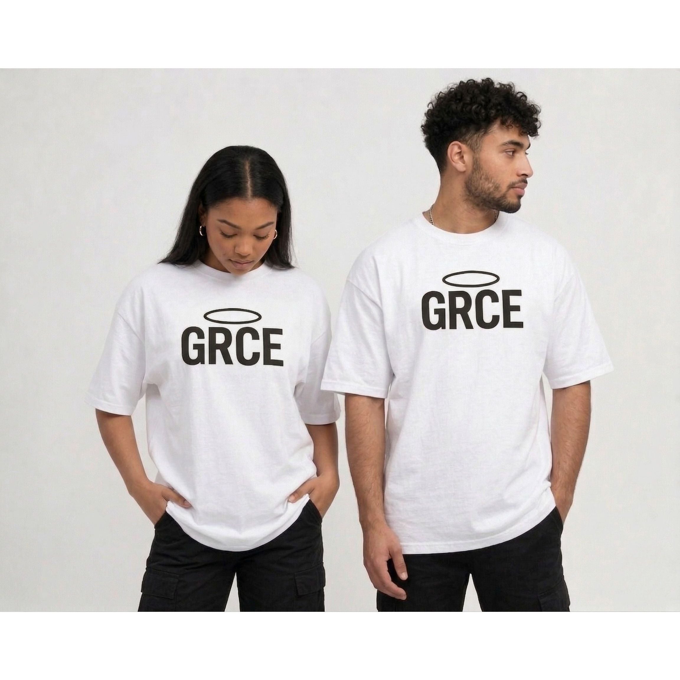 Two people wearing white t-shirts with 'GRCE' printed on them against a plain background.