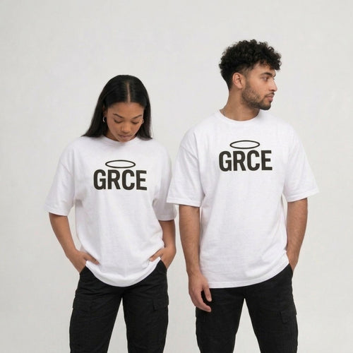 Two people wearing white t-shirts with 'GRCE' printed on them against a plain background