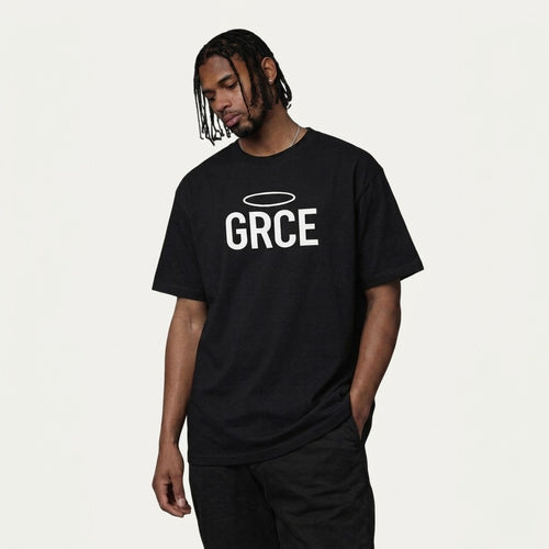 Person wearing a black t-shirt with 'GRCE' logo on a white background