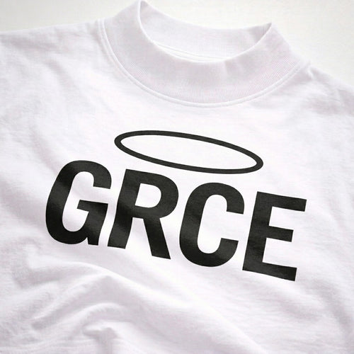 White t-shirt with 'GRCE' printed on it featuring a halo symbol.