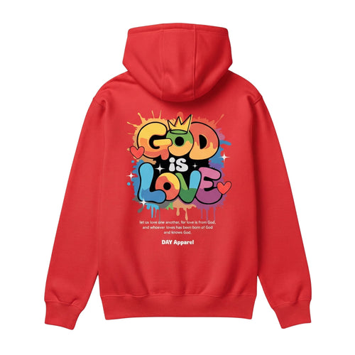 Red hoodie with colorful 'God is Love' graphic on the back, on a white background