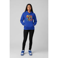 Person wearing a blue hoodie with 'God is Love' text on a gray background