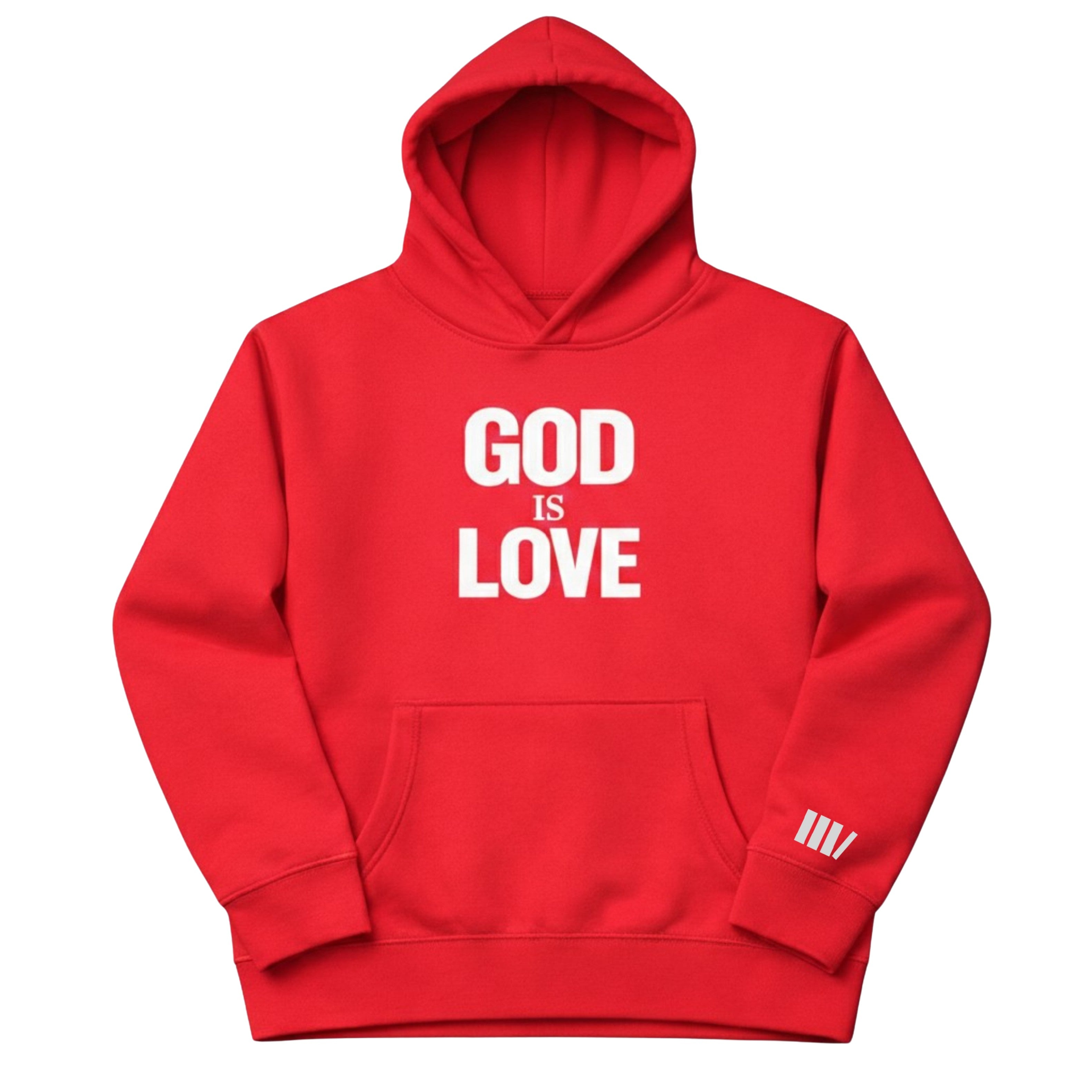 Red hoodie with 'GOD IS LOVE' text on a white background