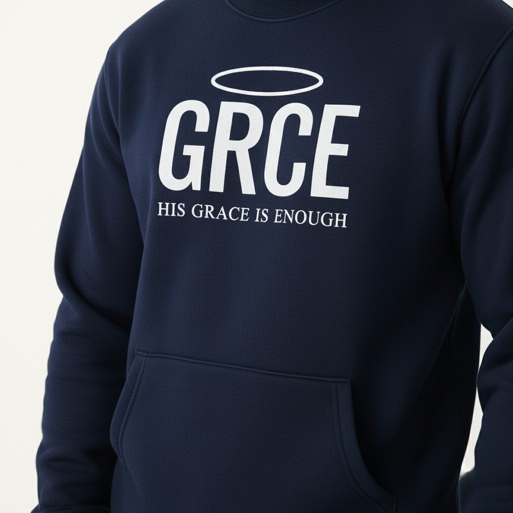 Navy blue hoodie with 'GRCE' and 'His Grace is Enough' text on a white background