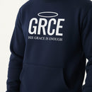 Navy blue hoodie with 'GRCE' and 'His Grace is Enough' text on a white background