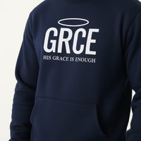 Navy blue hoodie with 'GRCE' and 'His Grace is Enough' text on a white background