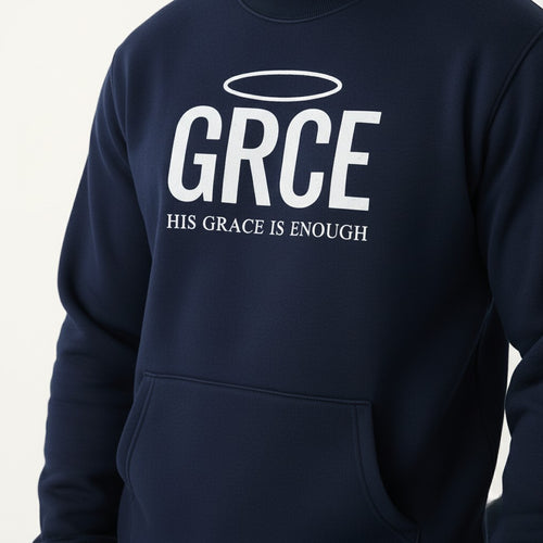 Navy blue hoodie with 'GRCE' and 'His Grace is Enough' text on a white background