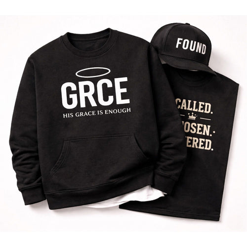Black sweatshirt and t-shirt set with text on a white background