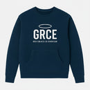 Navy blue sweatshirt with 'GRCE' and 'His Grace is Enough' text on a white background