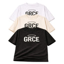 Three t-shirts in black, white, and beige with 'GRCE' logo on a white background