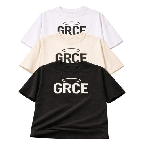 Three t-shirts in black, white, and beige with 'GRCE' logo on a white background