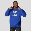 Man wearing a blue hoodie with 'GOD IS LOVE' text on a plain background
