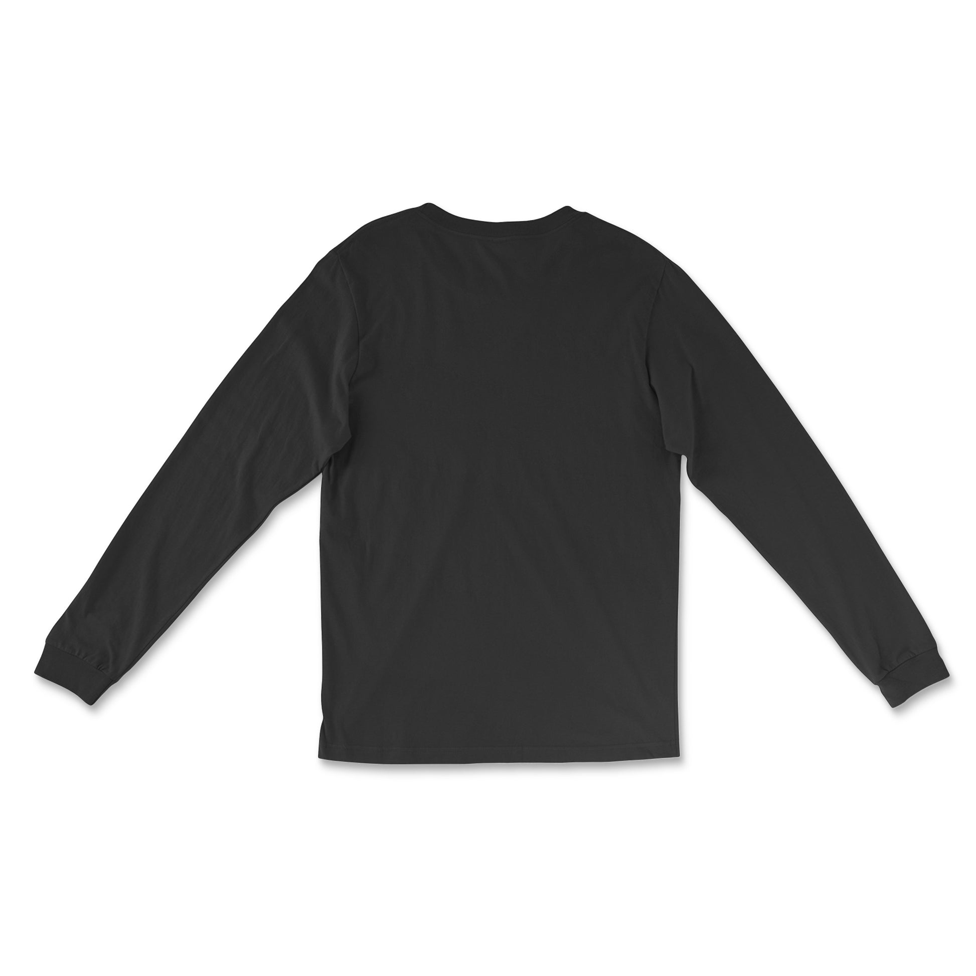 Back view - Graphic black cotton long sleeve t-shirt, versatile wardrobe essential for streetwear or layering. Classic long sleeve tee in black, ideal for everyday comfort and style.