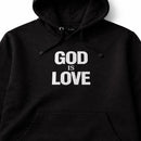 Black hoodie with 'GOD IS LOVE' text on a white background