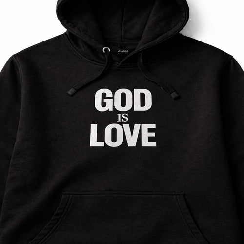 Black hoodie with 'GOD IS LOVE' text on a white background